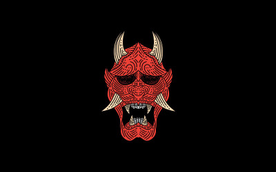 Retro Line Art Japanese Demon Oni Mask Logo Design