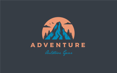 Plantilla de diseño de logotipo de aventura retro de montaña y sol
