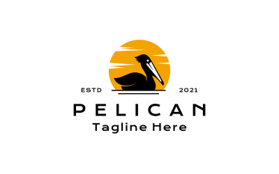 Pelikan Vogel mit Sonnenuntergang Hintergrund Logo Design Vector Template