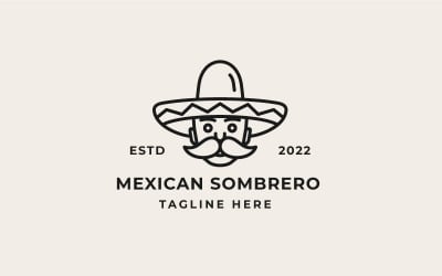 Arte de linha retrô homem mexicano com chapéu Sombrero Logo Design Vector Template