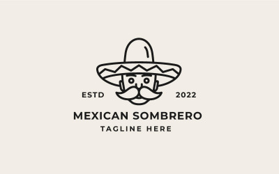 Retro Line Art Hombre mexicano con sombrero Sombrero Logo Design Vector Template