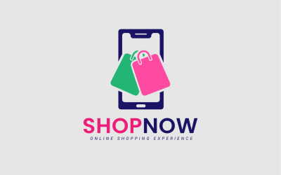 Concetto di design del logo dello shopping e-commerce per borsa a mano e smartphone