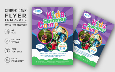 Kinder-Sommer-Camping-A4-Flyer-Vorlage. Kinderferien-Reise-Flyer-Design