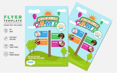 Детский летний кемпинг A4 Flyer Template. Плакат для детского тура и путешествий на открытом воздухе