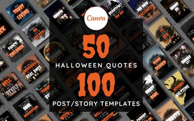 50 Halloweenowych cytatów na Instagramie | 100 edytowalnych szablonów Canva | Pakiet postów i historii