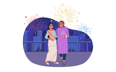 Casal apaixonado celebrando o feriado de Diwali 2D ilustração isolada em vetor