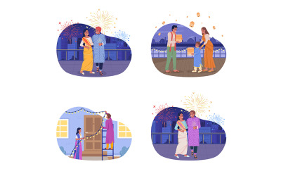 Conjunto de ilustrações isoladas em vetor 2D do feriado indiano de Diwali