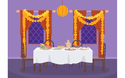Felszolgált asztal Diwali vacsorához lapos színes vektoros illusztráció