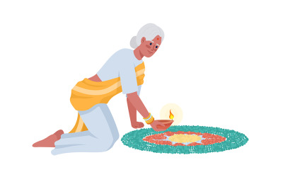Femme âgée avec caractère de vecteur de couleur semi-plat mandala et diya