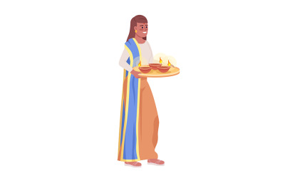Femme portant un plateau avec un caractère vectoriel de couleur semi-plat diyas