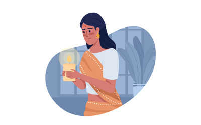 Kobieta ze świecą świętującą Diwali 2D wektor ilustracja na białym tle