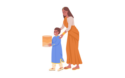 Mère avec fils lançant des caractères vectoriels de couleur semi-plate de lanterne céleste