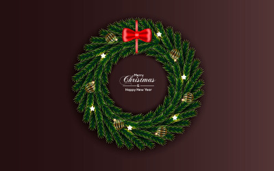 Decoración De Corona De Navidad Con Rama De Pino Bola De Navidad Y Lazo Rojo