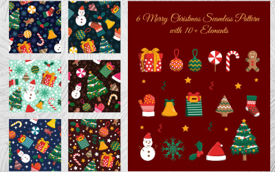 6 Merry Christmas Seamless mönster med 10+ element
