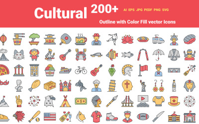 Balíček kulturních ikon | Čínská, japonsko-americká kultura | AI | EPS | SVG