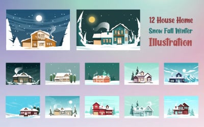 12 Casa Casa Neve Outono Inverno Ilustração