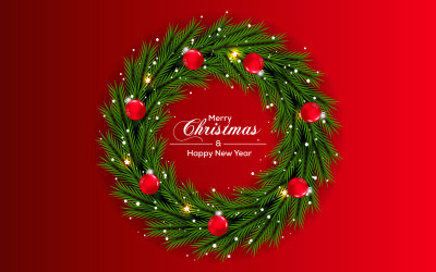 Feliz corona de navidad y decoración de corona con bola de navidad de pino y estrellas