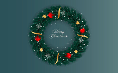 Feliz corona de navidad y decoración de corona con rama de pino bola de navidad y estrellas