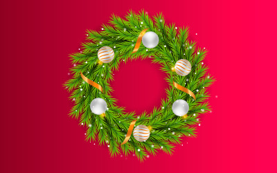 Feliz corona navideña y decoración de coronas con ramas de pino, bolas navideñas y estrellas.