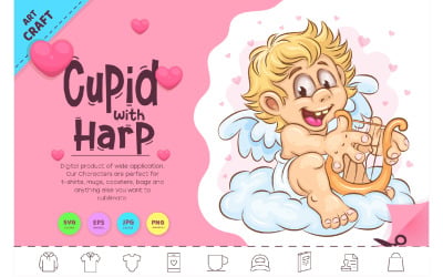 Cartoon Cupid with Harp. Clipart
