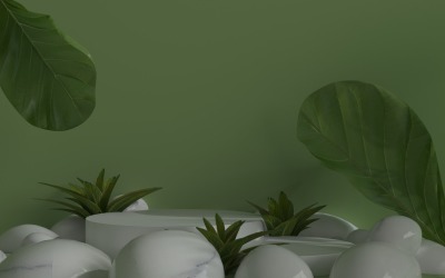 Podio bianco con piante tropicali verdi e sfondo rock
