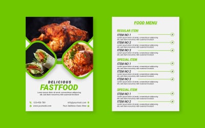 Готовые шаблоны дизайна флаера ресторана быстрого питания зеленого цвета для печати
