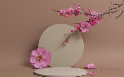 Podio de mármol circular con ramas de sakura flores rosas