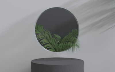 3D Rounded podium with circle window and Palm leaves inside