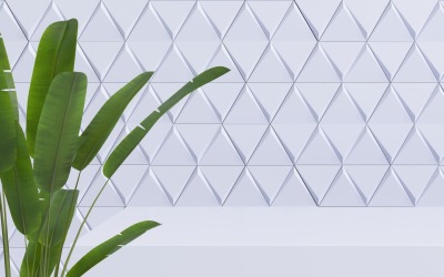 Podiumsanzeige mit tropischen Pflanzen auf abstraktem Hintergrund