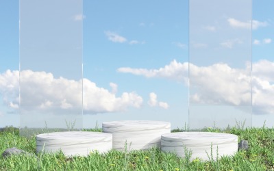 Product podium on natural grass with frost glass &amp;amp; blue sky