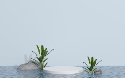 Product podium with tropical leaves on water reflection