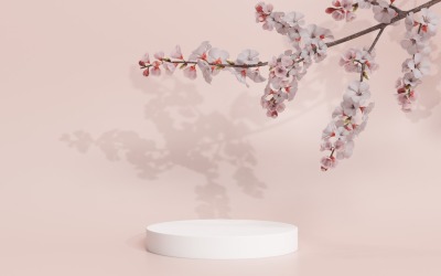 White Podium with cherry blossom on pink background