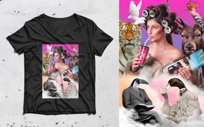Modèle de T-shirt de conception surréaliste d&amp;#39;art de collage moderne numérique