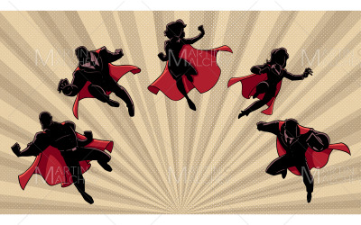 Silhuetas de equipe de super heróis de negócios em ilustração vetorial de ação