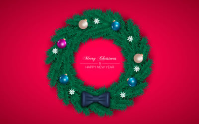 Christmas wreath with decorations isolated on color background with pine branches