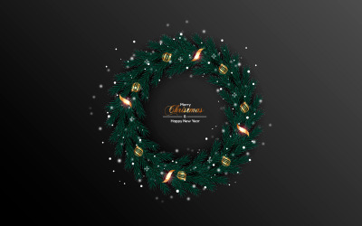 Decoración de plantilla de corona de navidad realista con rama de pino y bolas de navidad