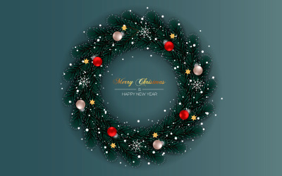 Feliz Navidad adornos de corona sobre fondo de color con rama de pino