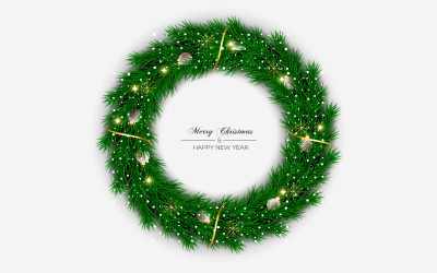 Weihnachtskranz mit Dekorationen isoliert auf farbigem Hintergrund mit Tannenzweig-Design