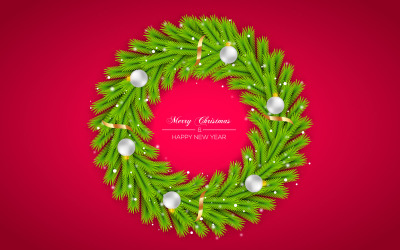 Yıldız, çam dalı ve noel balosu ile gerçekçi noel çelengi şablon dekorasyonu