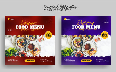Banner de promoção de mídia social de menu de comida deliciosa e modelo de banner da Web
