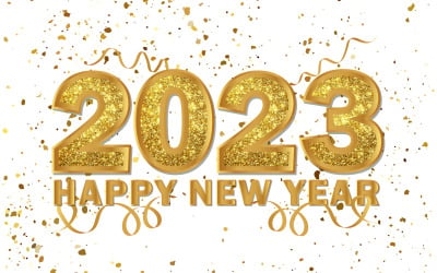 Szczęśliwego nowego roku 2023 ze złotym złotym brokatem konfetti w tle