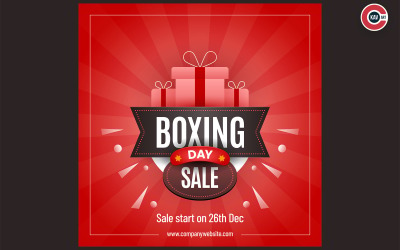 Baner sprzedaży w drugi dzień świąt z pudełkami prezentowymi na czerwonym tle do reklamy - 00006