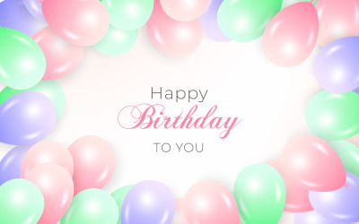 Geburtstagsgruß-Vektorschablonendesign. Alles Gute zum Geburtstag Text grün rosa lila Ballon