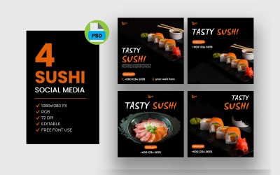Ensemble de publications facebook instagram de sushi de cuisine asiatique