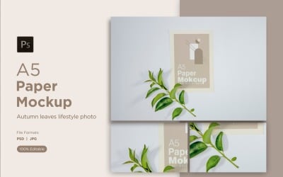 A5 Paper Mockups With orange plant leaves and White Background