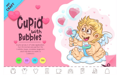 Cupido de dibujos animados con burbujas. Clipart