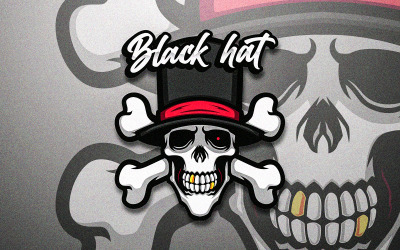 Siyah Şapkalı Korsan Kafatası Kemikli Vektör Maskotu