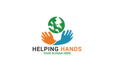 Hände auf der ganzen Welt Logo, menschliche Hände halten Globus, Logo-Vorlage für Teamwork-Hände