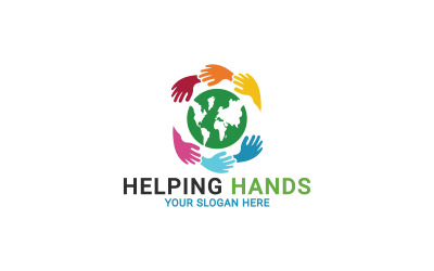 Logotipo de Save The World, Manos humanas sosteniendo el globo, Plantilla de logotipo de manos de ayuda