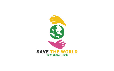 Save The World-logo, menselijke handen met wereldbol, teamwerkhanden-logo, helpende handen-logosjabloon